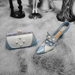 Elegant Blue and Cream Women's Heels with Matching Clutch